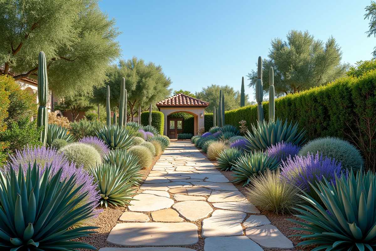 Jardin méditerranéen ensoleillé avec plantes résistantes à la sécheresse