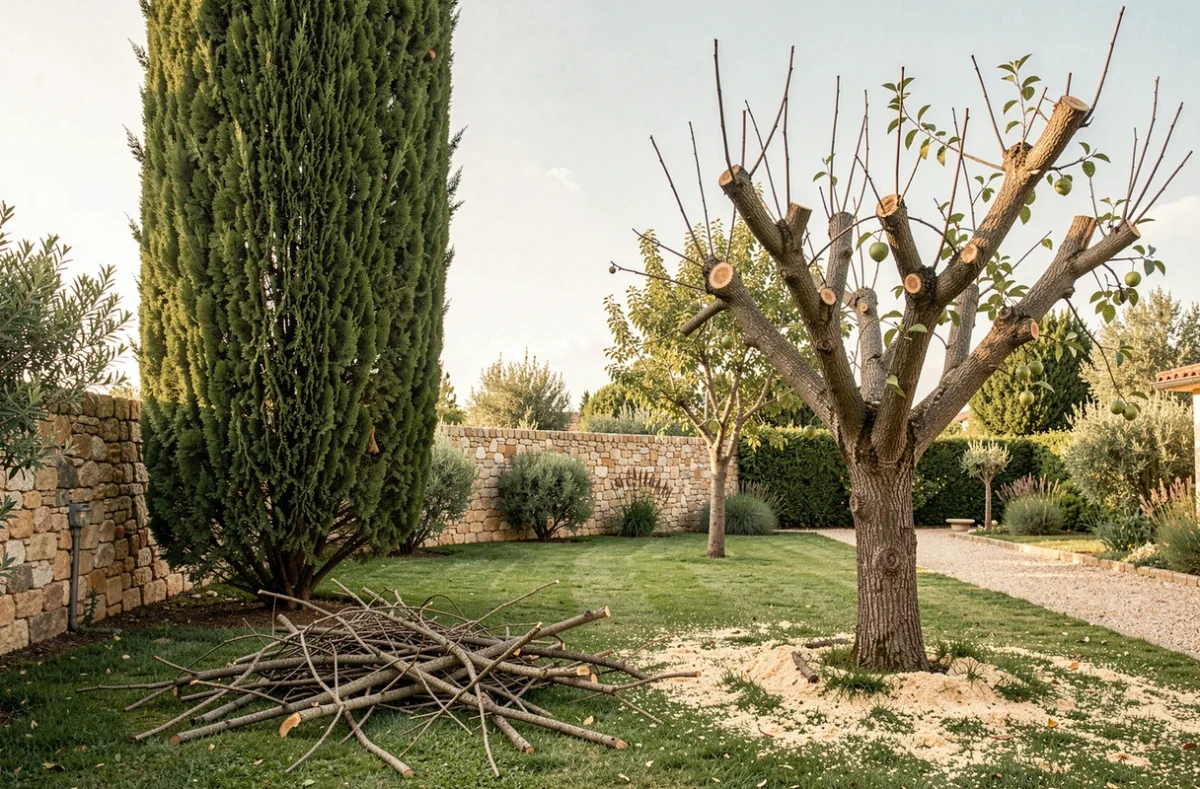 Jardin privé toulousain après un élagage professionnel avec arbre taillé et branches coupées