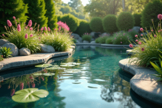 Étang de jardin moderne avec filtre visible et plantes vertes
