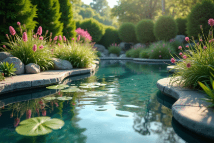 Étang de jardin moderne avec filtre visible et plantes vertes