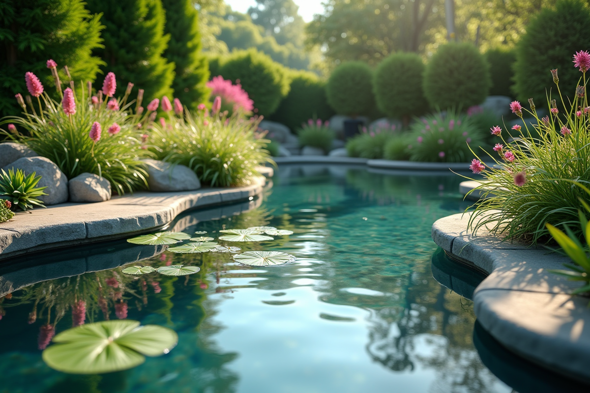 Étang de jardin moderne avec filtre visible et plantes vertes