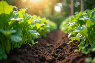 Jardin de légumes luxuriants sous soleil matinal avec terre riche