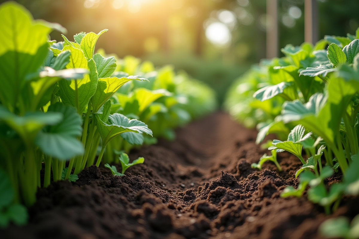 Jardin de légumes luxuriants sous soleil matinal avec terre riche