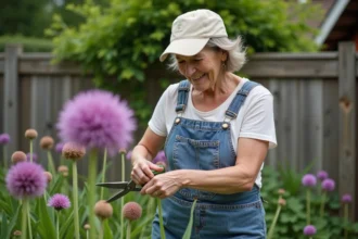 Femme jardinant avec des alliums en fleurs dans un jardin