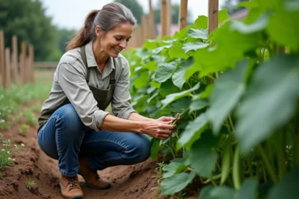 Femme jardinant inspectant les haricots verts dans son jardin