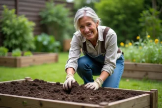 Femme d'âge moyen en jardinage dans un jardin verdoyant