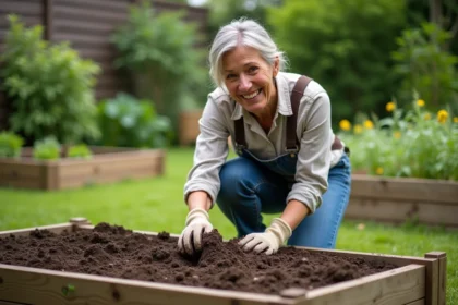 Femme d'âge moyen en jardinage dans un jardin verdoyant