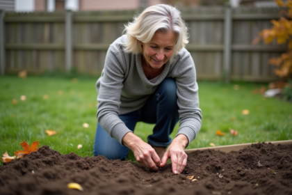 Femme d'âge moyen en vêtements de jardinage plantant des carottes