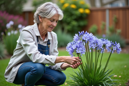 Femme d'âge moyen en jardinage prune agapanthus