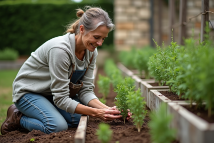 Femme plantant des jeunes plants de thym dans le jardin