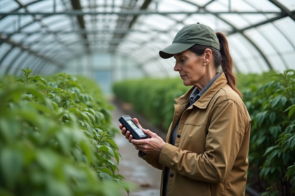 Femme vérifiant un hygromètre dans une serre moderne