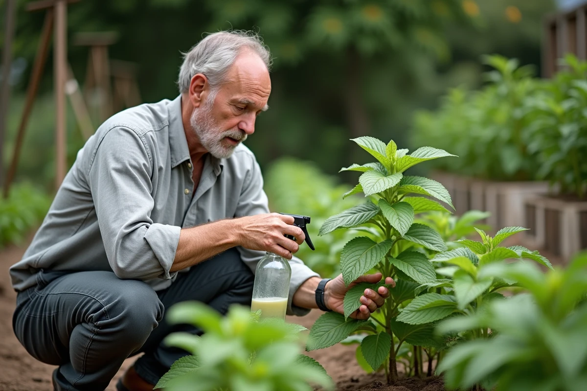 Jardinier inspectant une plante de menthe avec des feuilles noircies dans un potager extérieur