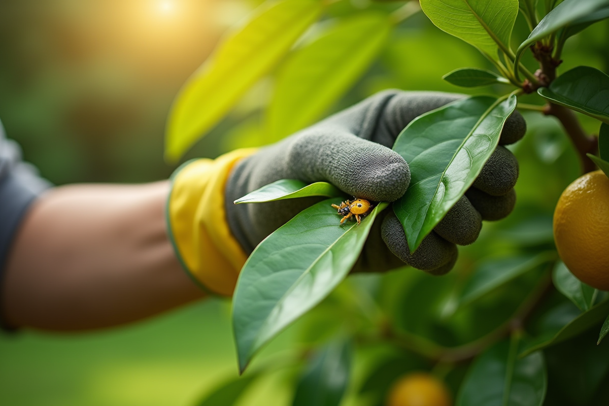 Jardinier nettoie une feuille de citronnier à la main
