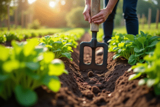 Mains de jardinier utilisant une houe pour ameublir la terre dans un jardin potager ensoleille