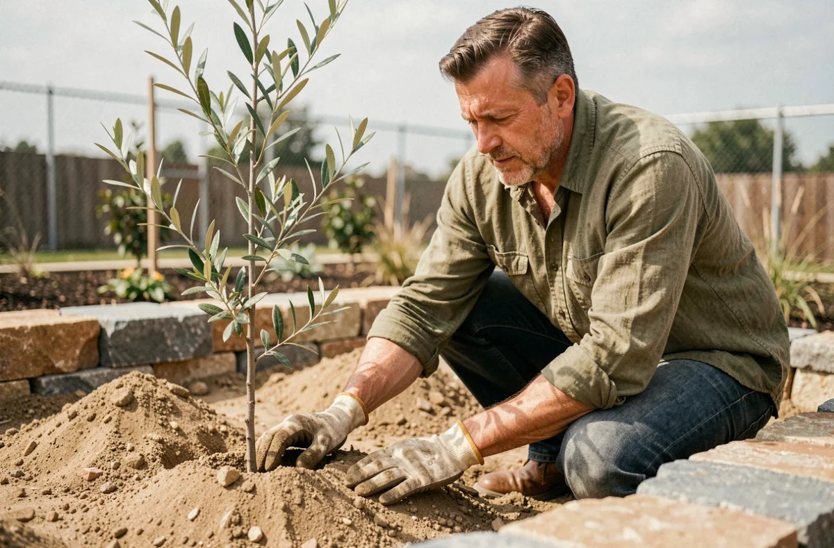 Jardinier examinant le sol drainant autour d'un jeune olivier en pleine terre dans un jardin de banlieue