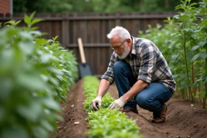 Homme d'âge moyen vérifiant ses plants de tomates dans un jardin
