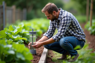 Homme vérifiant un pluviometre dans un jardin verdoyant