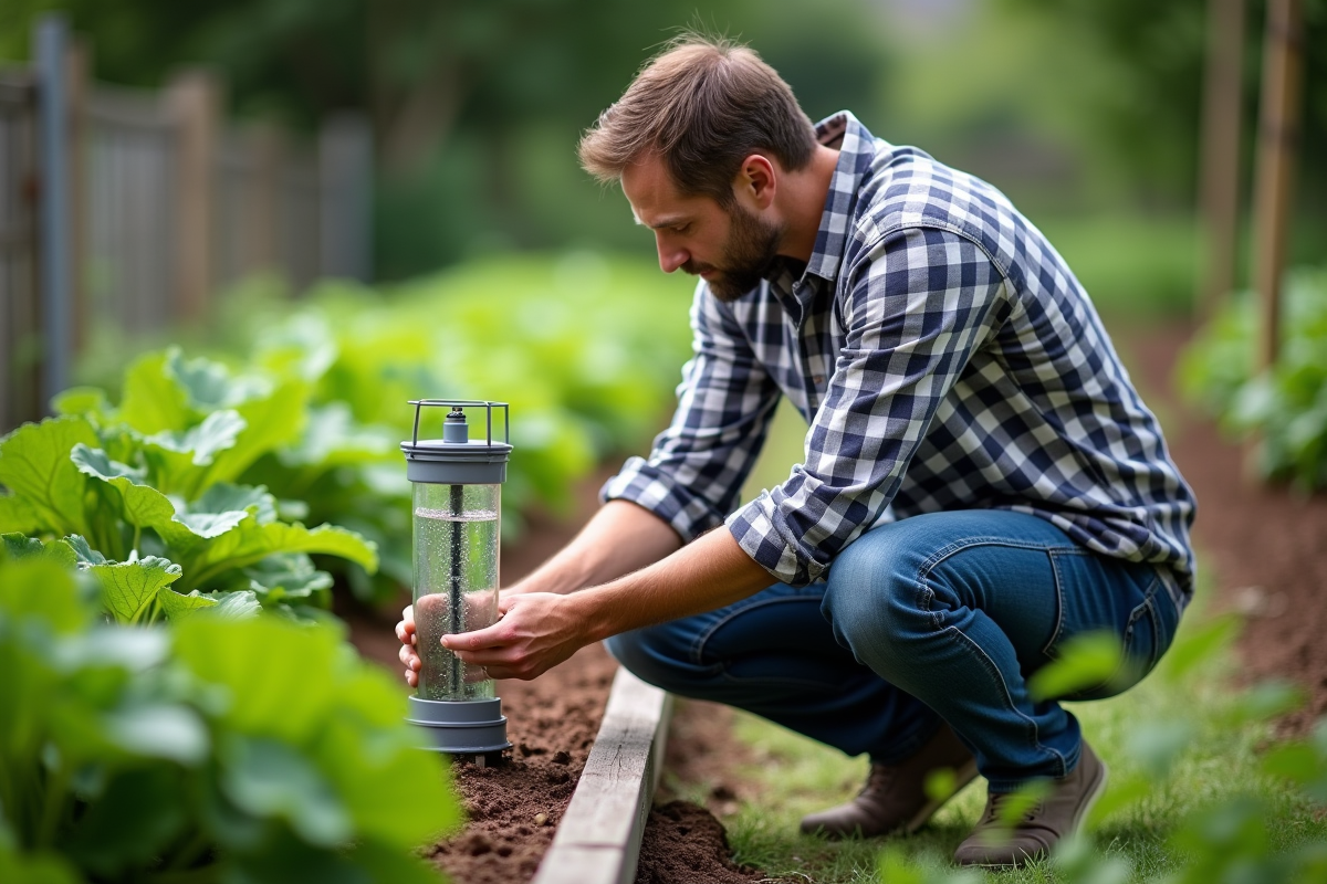 Homme vérifiant un pluviometre dans un jardin verdoyant
