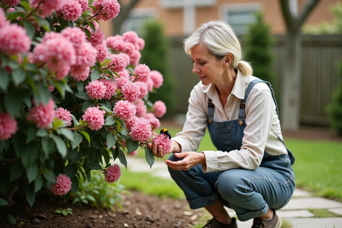 Femme jardinière observant un bourdon sur un arbuste fleuri rose dans un jardin résidentiel au printemps, illustrant la relation entre pollinisateurs et plantes à fleurs