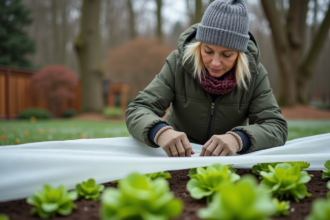 Femme en veste chaude couvre des laitues dans un jardin d'automne