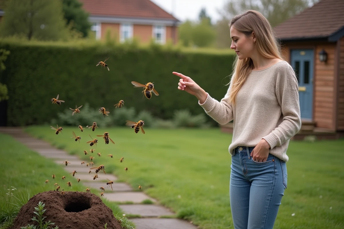 Jeune femme regarde un nid de guêpes dans son jardin