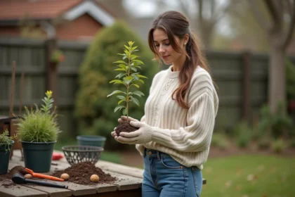 Jeune femme tenant un petit arbre de noix dans un jardin