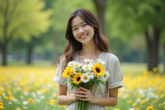 Jeune femme souriante avec bouquet de fleurs colorées