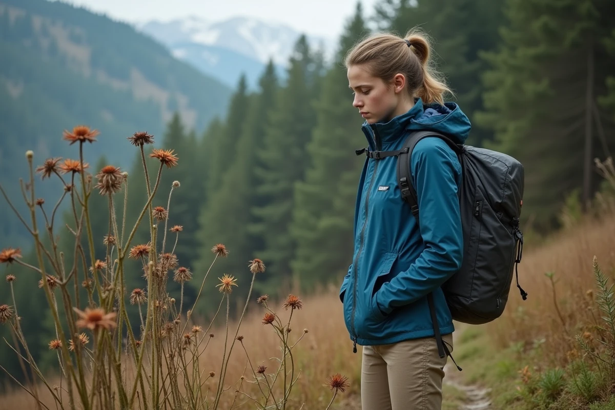 Jeune femme observe des fleurs fanées en forêt urbaine