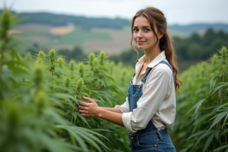 Jeune femme inspectant des plants de chanvre vert en ferme bio