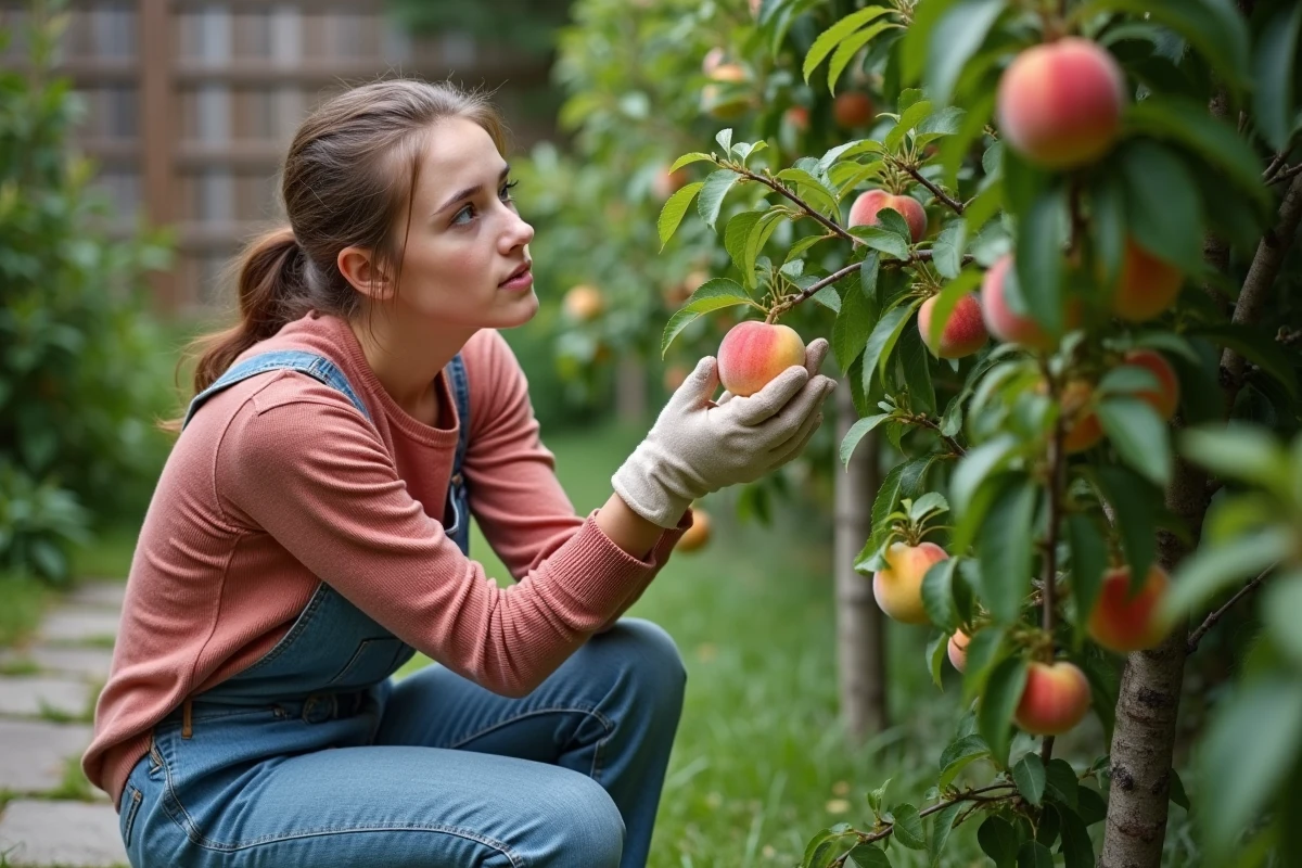 Jeune femme examine des pêches en backyard avec des gants