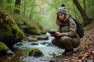 Jeune femme en nature utilisant une tablette pour la qualité de l'eau