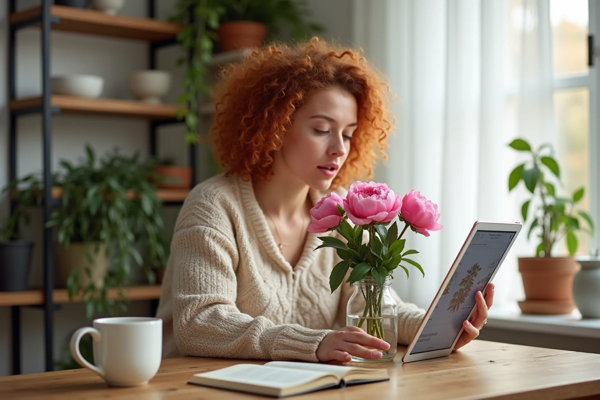 Jeune femme reconnaissant une pivoine rose grâce à une application sur tablette à la maison