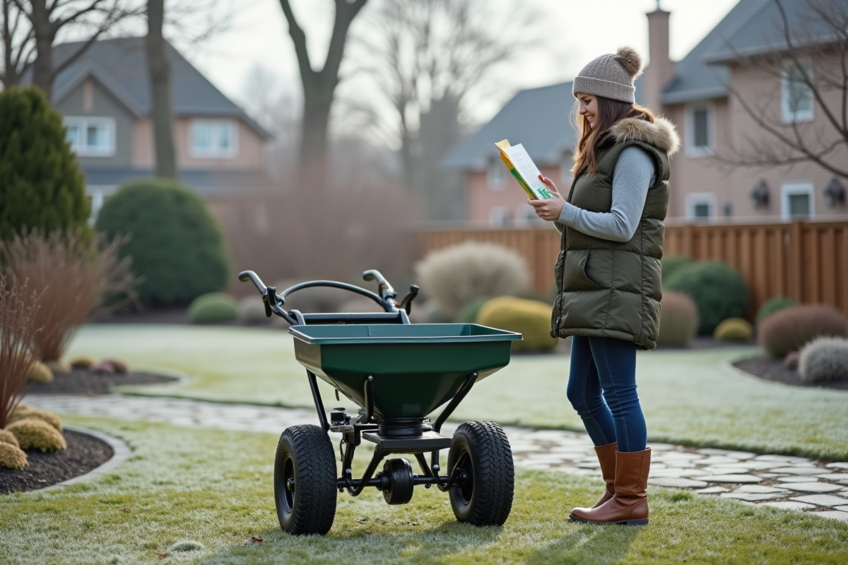 Jeune femme avec épais vêtement vérifiant sac de fertilisant dans le jardin