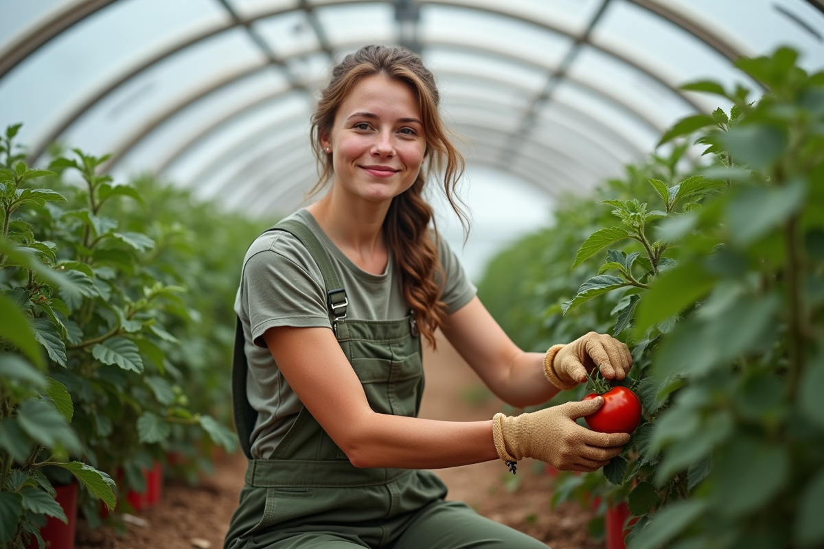 Jeune femme cueillant des tomates dans une serre bien organisée