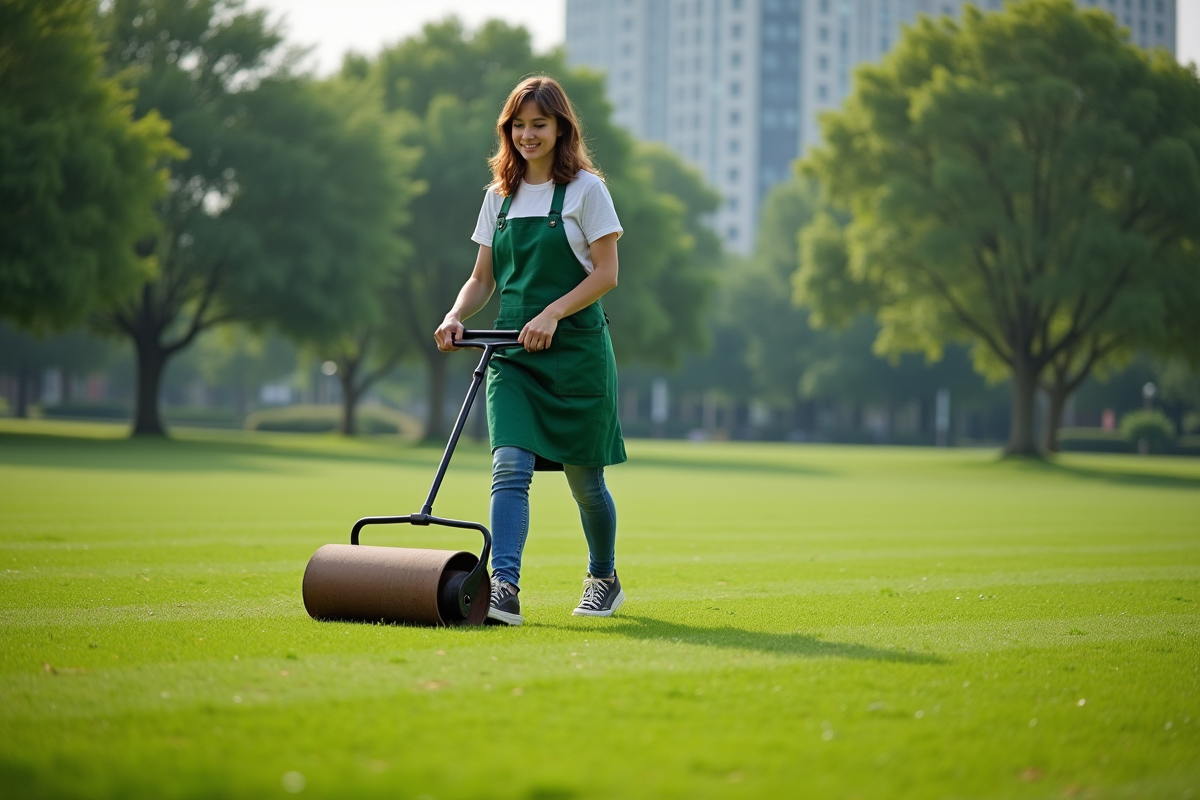 Jeune femme poussant un rouleau à gazon dans un parc