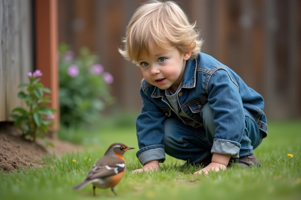 Jeune garçon observant un rouge-gorge dans le jardin