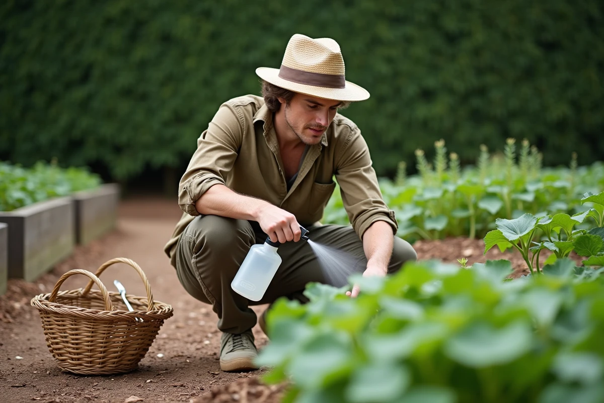 Jeune homme appliquant un spray d ail sur les haricots verts