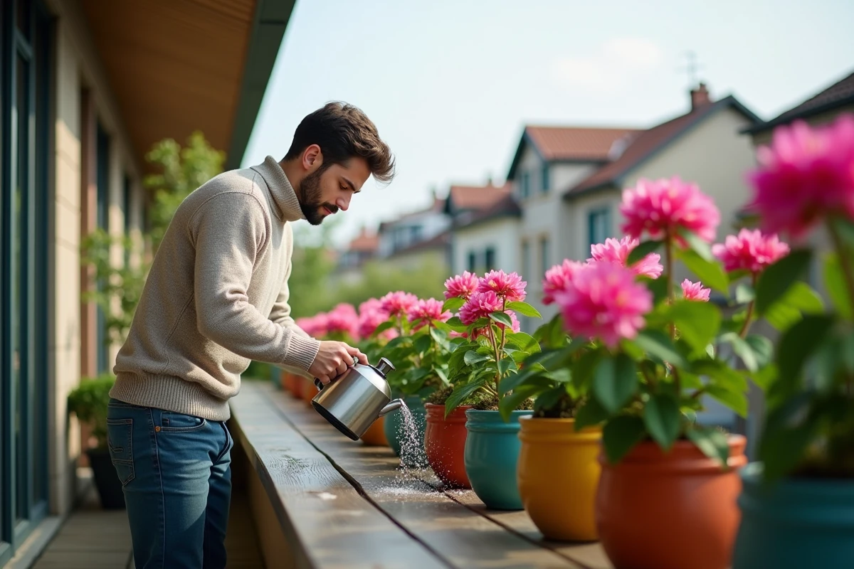 Jeune homme arrosant des rhododendrons sur balcon