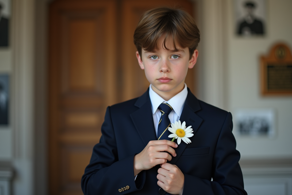 Jeune garçon pinçant un coquelicot dans un hall commémoratif