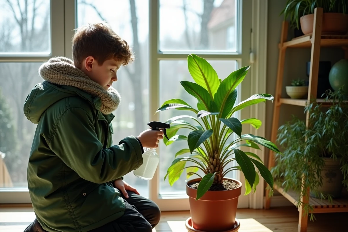 Jeune garçon arrosant une plante Geraldton Wax dans une serre lumineuse