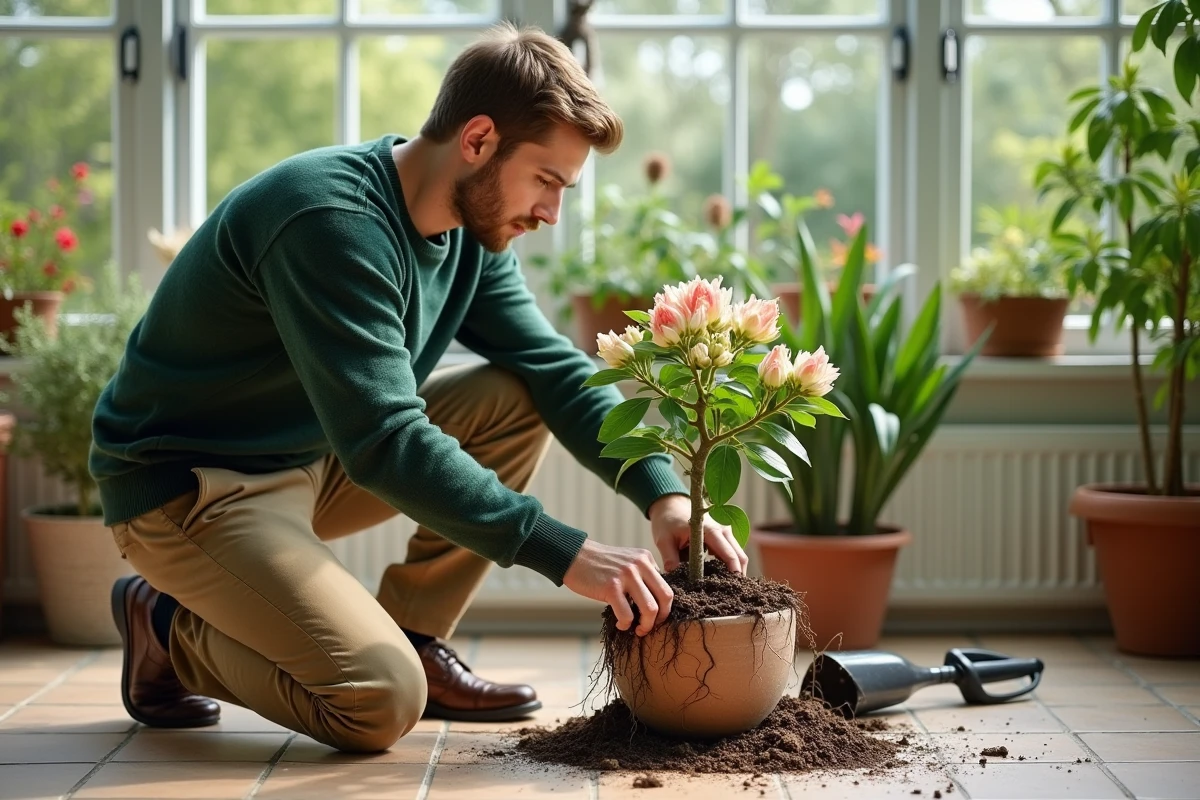 Jeune homme manipulant les racines d’un rhododendron en intérieur