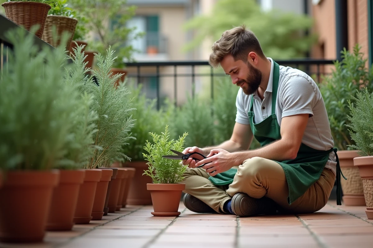 Jeune homme en tablier taillant sauge dans un jardin urbain