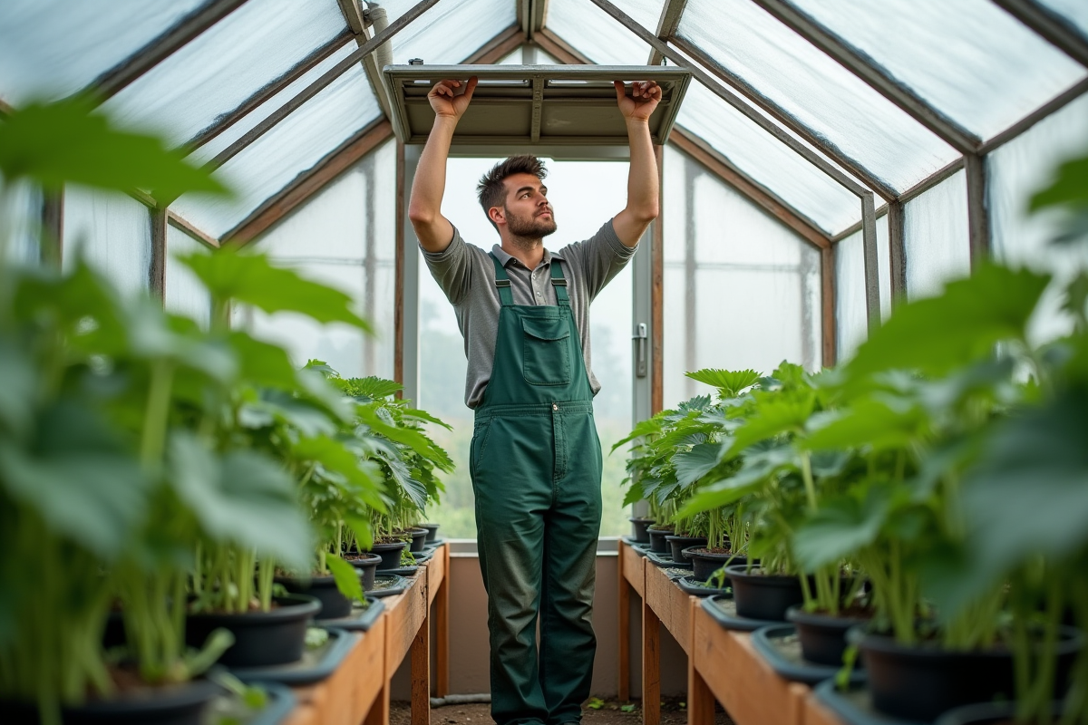 Jeune homme ouvrant une ventilation au-dessus de concombres