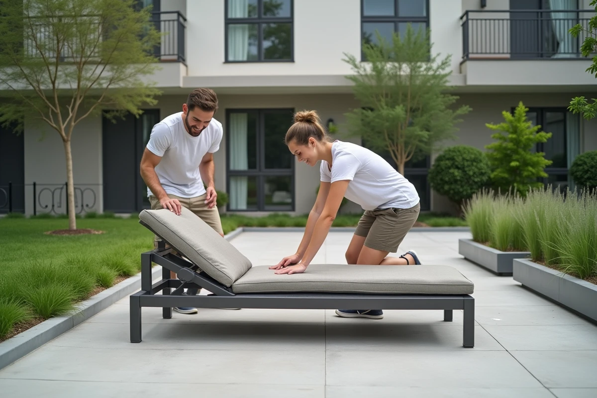 Jeunes installant un mobilier de jardin en extérieur