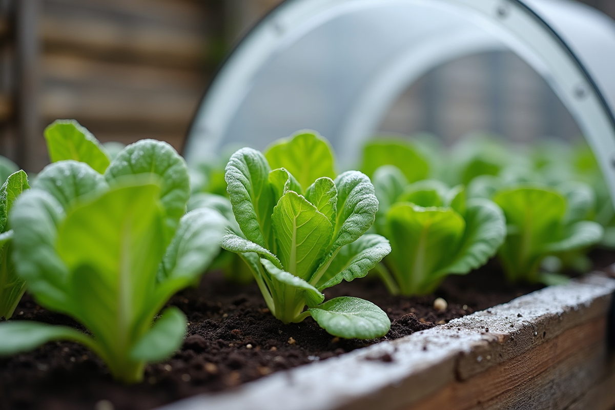 Laitues vertes protégées sous une cloche dans un jardin rustique
