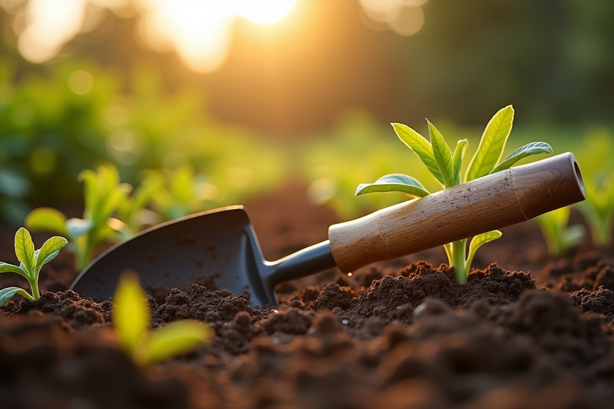 Gros plan sur jeunes plants et terre fraiche dans un potager au soleil couchant
