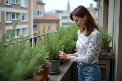 Femme en jeans et rayures taille trimming sauge sur balcon