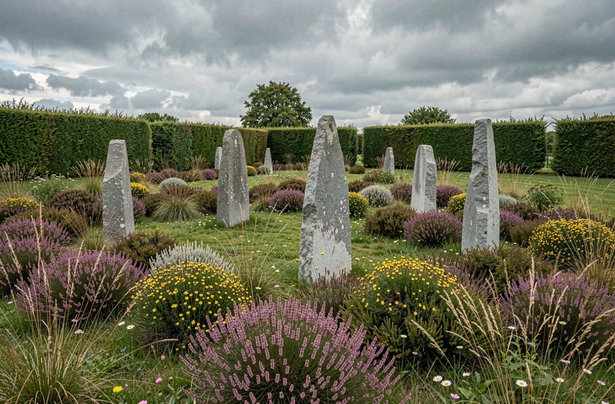 Jardin d'inspiration celtique aménagé par Keltia Jardins avec des menhirs en granit breton intégrés dans une prairie de fleurs sauvages indigènes