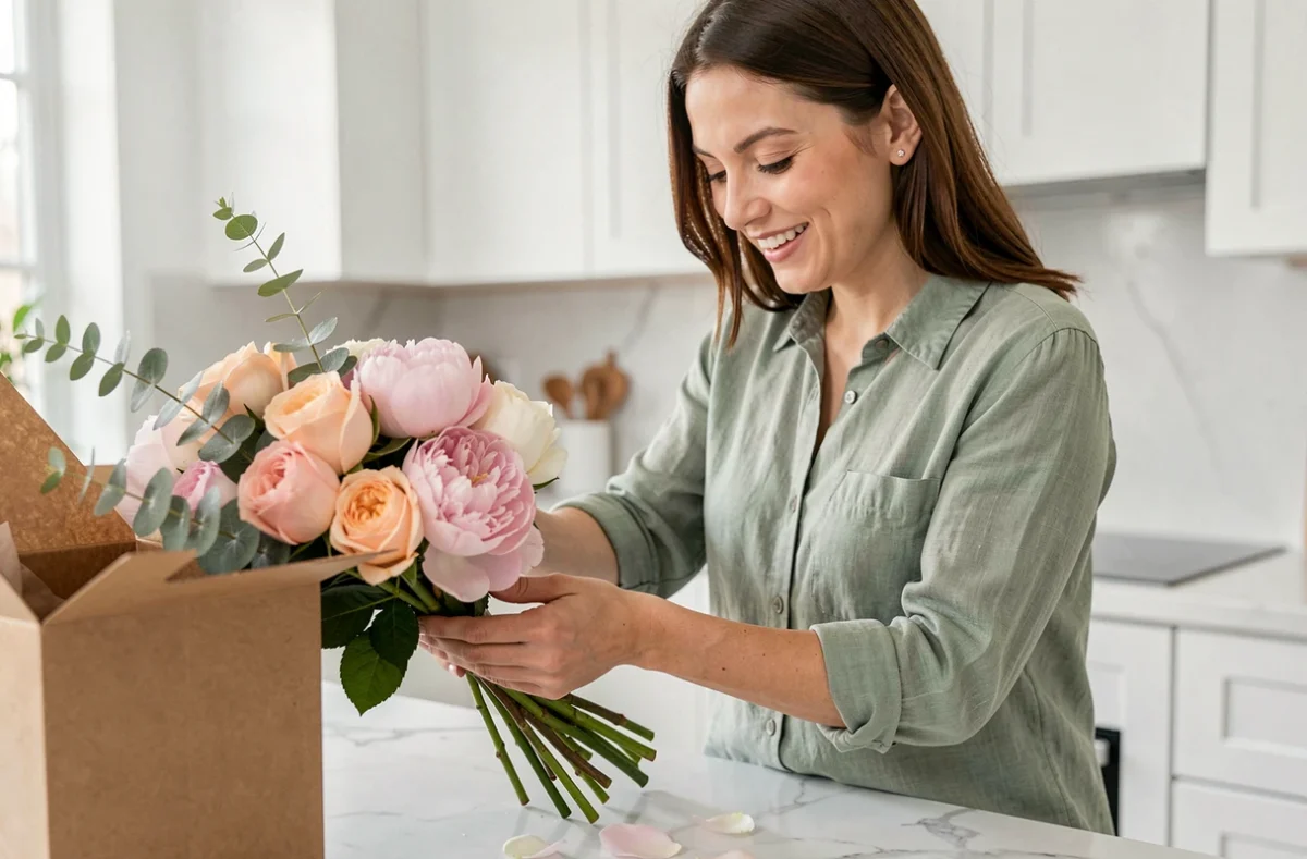 Femme arrangeant un bouquet de fleurs fraîches livré à domicile dans une cuisine moderne, avec emballage kraft de livraison visible