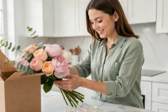 Femme arrangeant un bouquet de fleurs fraîches livré à domicile dans une cuisine moderne, avec emballage kraft de livraison visible